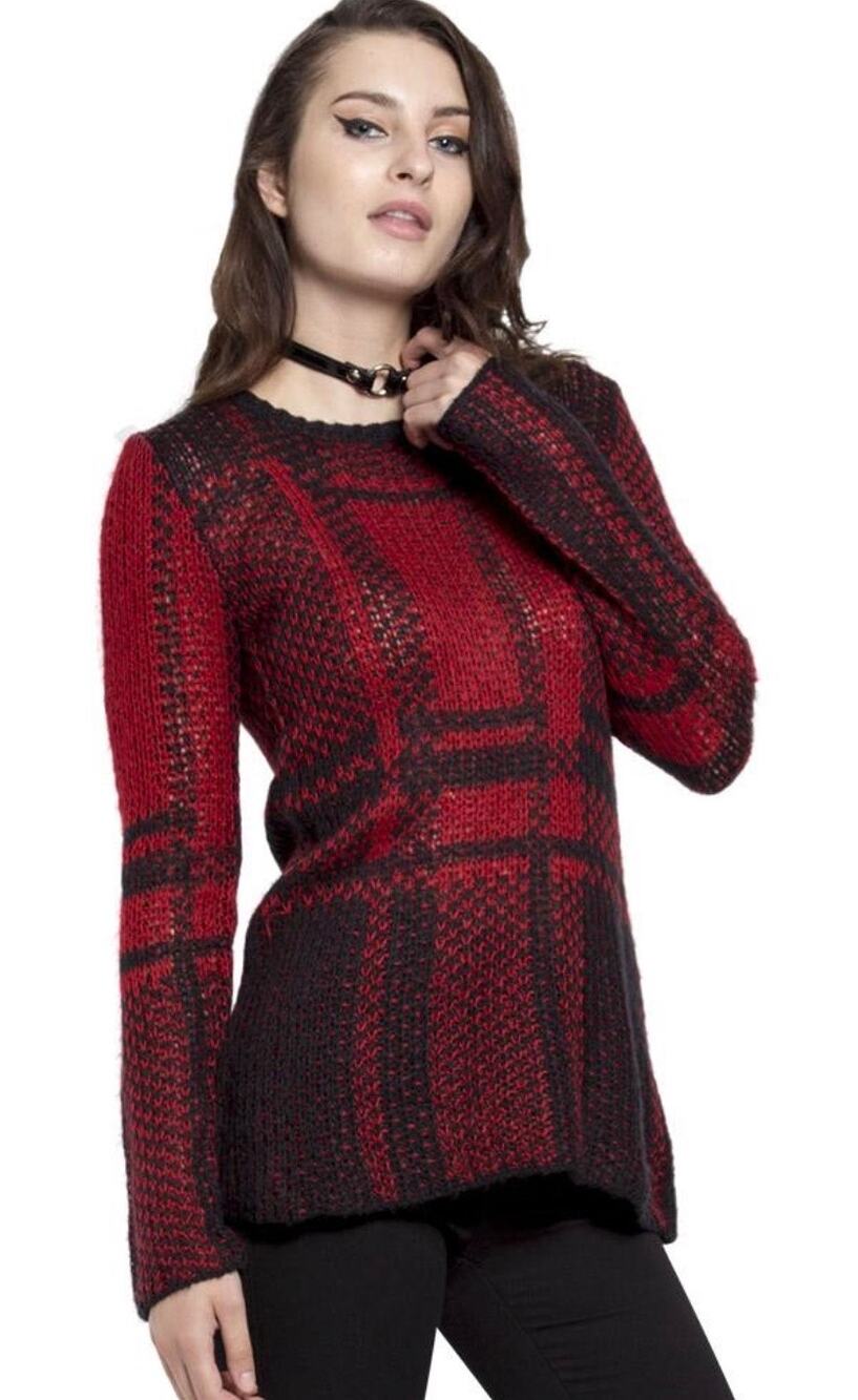 TRIPP NYC Plaid Crochet Lightweight Fuzzy Acrylic Mohair Sweater Red Black Small